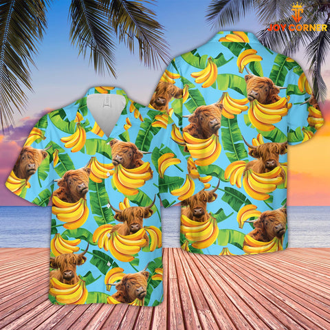 Joy Corners Highland Cattle Banana Pattern 3D Hawaiian Shirt