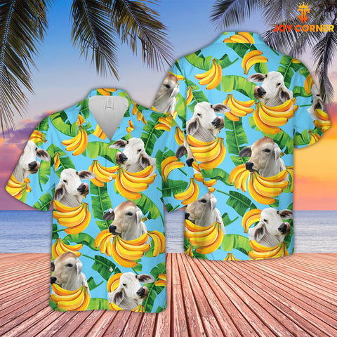 Joy Corners Brahman Cattle Banana Pattern 3D Hawaiian Shirt