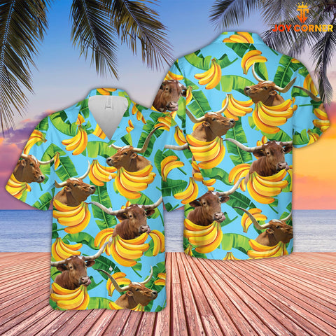 Joy Corners Texas Longhorn Banana Pattern 3D Hawaiian Shirt