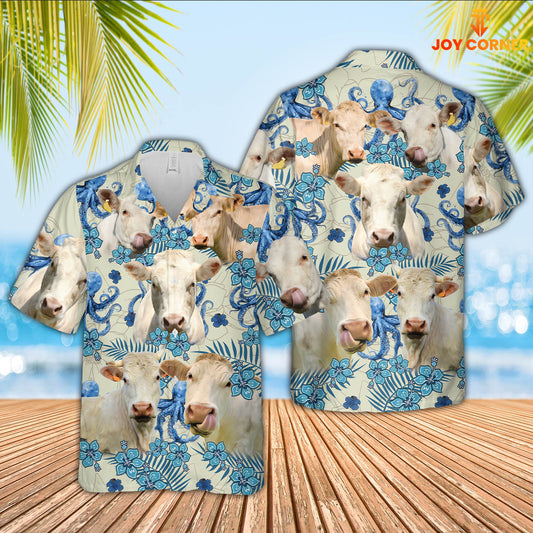 Joy Corners Charolais Cattle Blue And White Porcelain 3D Hawaiian Shirt