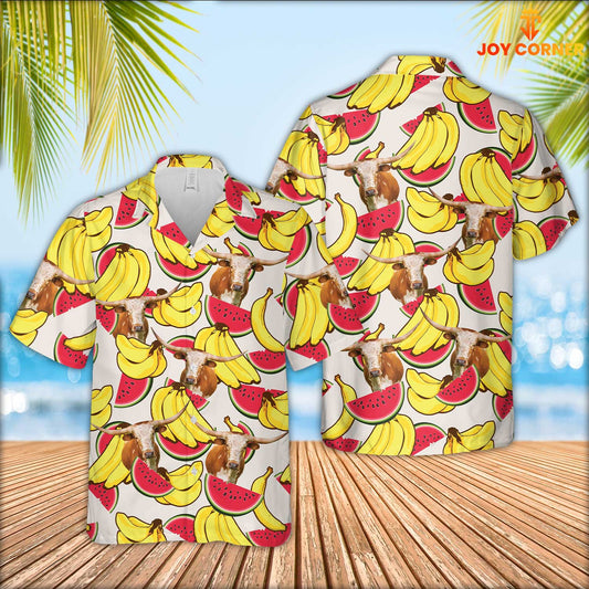 Joy Corners Texas Longhorn Face Fruit Pattern 3D Hawaiian Shirt