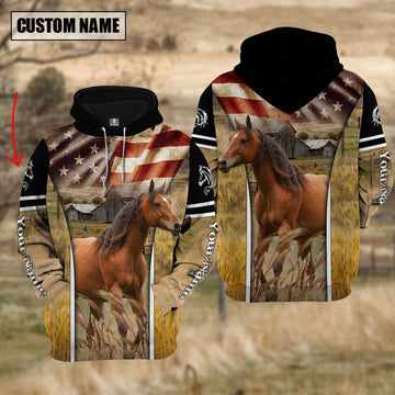 Joycorners Farm Custom Name Horse On Farm US Flag 3D Printed Hoodie