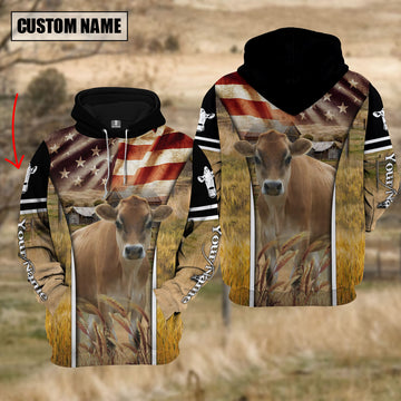 Joycorners Farm Custom Name Jersey Cattle On Farm US Flag 3D Printed Hoodie