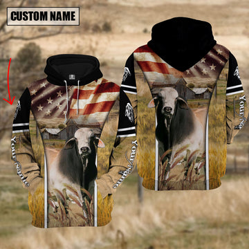 Joycorners Farm Custom Name Brahman Cattle On Farm US Flag 3D Printed Hoodie