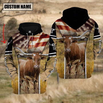 Joycorners Farm Custom Name Texas Longhorn On Farm US Flag 3D Printed Hoodie