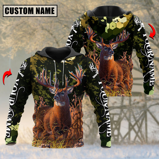 Joycorners Whitetail Deer Hunting Personalized Name Green Camo 3D Hoodie