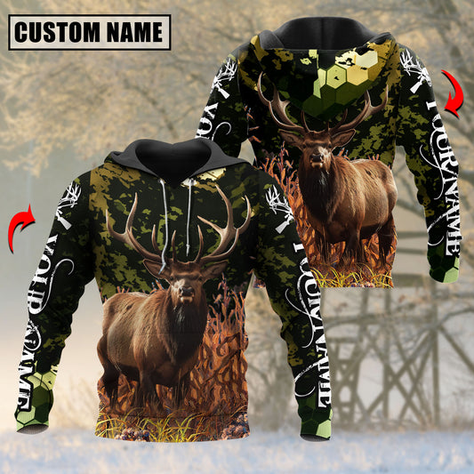 Joycorners Elk Hunting Personalized Name Green Camo 3D Hoodie