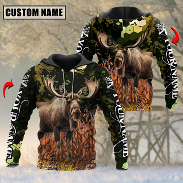 Joycorners Moose Hunting Personalized Name Green Camo 3D Hoodie