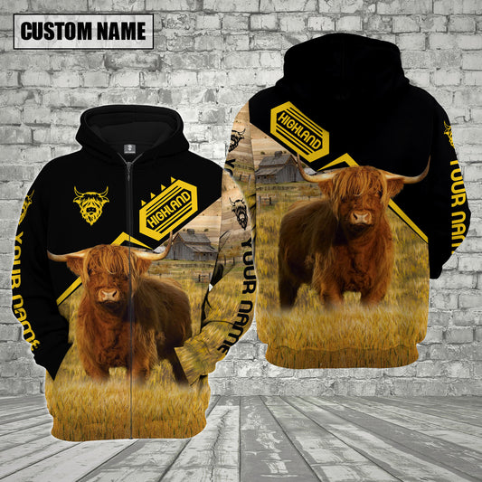 Joycorners Farm Custom Name Highland Cattle Black Yellow 3D Printed Hoodie