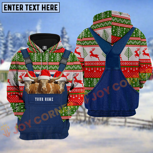 Joycorners Texas Longhorn Cow Christmas Overall Personalized Name 3D Shirt
