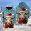 Joycorners Christmas Cattle with Santa Hat & Red Scarf Personalized Name 3D Hoodie (8 Cattle Breeds)