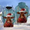 Joycorners Christmas Cattle with Santa Hat & Red Scarf Personalized Name 3D Hoodie (8 Cattle Breeds)