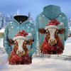 Joycorners Christmas Cattle with Santa Hat & Red Scarf Personalized Name 3D Hoodie (8 Cattle Breeds)