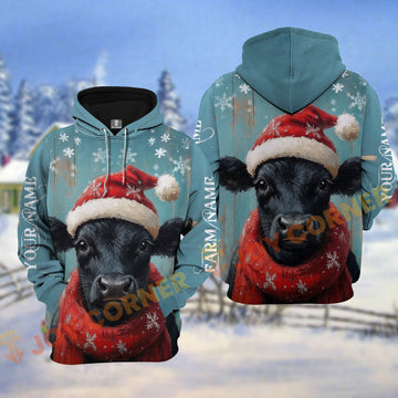 Joycorners Christmas Cattle with Santa Hat & Red Scarf Personalized Name 3D Hoodie (8 Cattle Breeds)