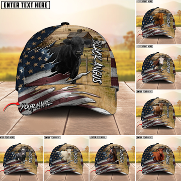 Joycorners Farm Cattle Rustic Rip Through Scene Personalized Name 3D Cap (8 Cattle Breeds)