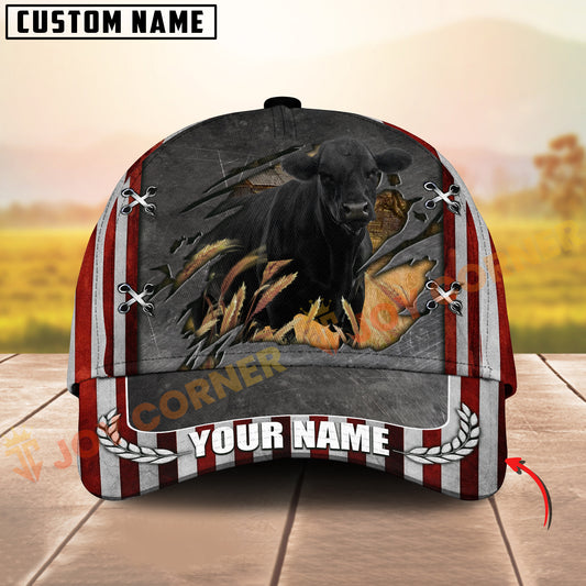 Joycorners Farm Cattle Rustic Flag Charge Effect Personalized Name 3D Cap (8 Cattle Breeds)