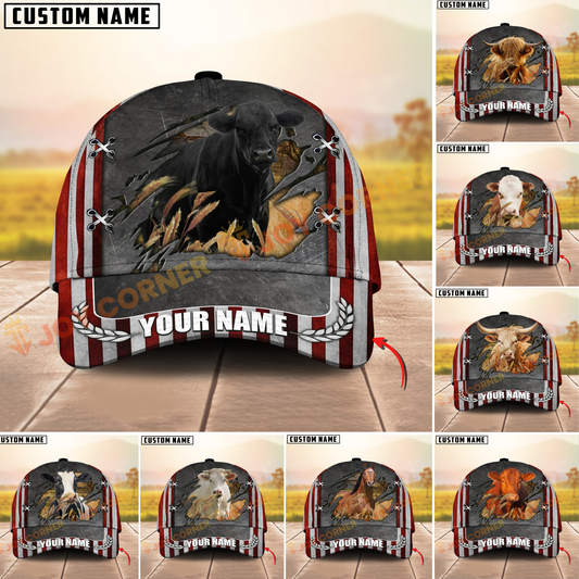 Joycorners Farm Cattle Rustic Flag Charge Effect Personalized Name 3D Cap (8 Cattle Breeds)