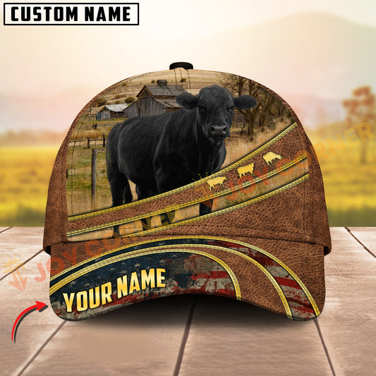 Joycorners Farm Cattle Heritage Ranch Rustic Leather USA Flag Personalized Name 3D Cap (8 Cattle Breeds)