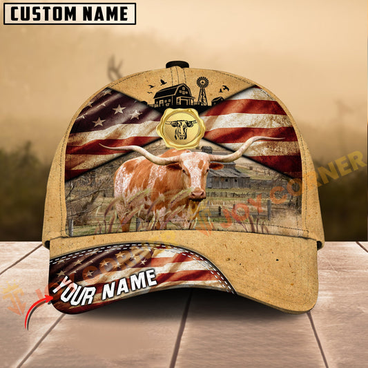 Joycorners Texas Longhorn American Farm Style Personalized Name 3D Cap