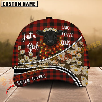 Joycorners Black Angus Just a Girl Who Loves Cows Plaid Red Floral Farm Personalized Name 3D Cap