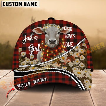 Joycorners Brahman Just a Girl Who Loves Cows Plaid Red Floral Farm Personalized Name 3D Cap