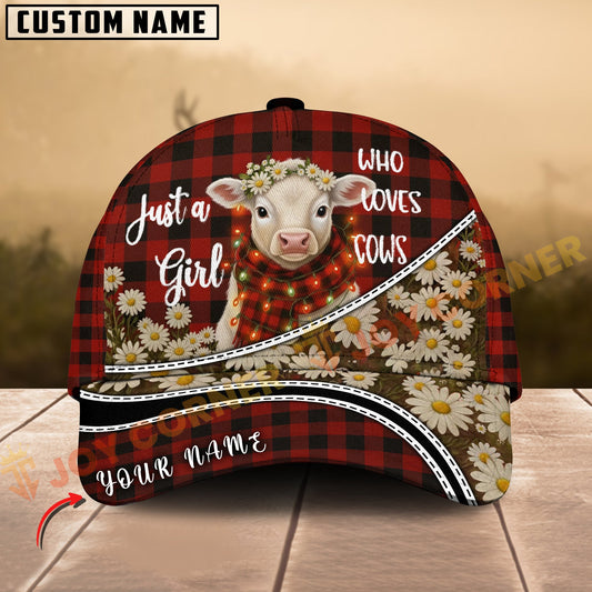 Joycorners Charolais Just a Girl Who Loves Cows Plaid Red Floral Farm Personalized Name 3D Cap