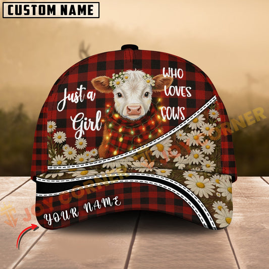 Joycorners Hereford Just a Girl Who Loves Cows Plaid Red Floral Farm Personalized Name 3D Cap