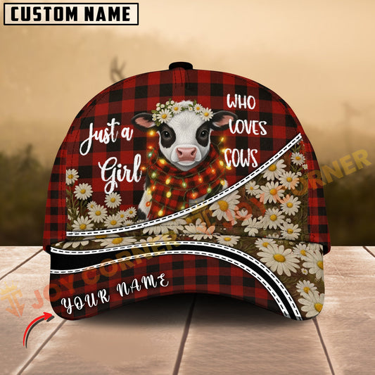 Joycorners Holstein Just a Girl Who Loves Cows Plaid Red Floral Farm Personalized Name 3D Cap