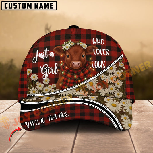 Joycorners Red Angus Just a Girl Who Loves Cows Plaid Red Floral Farm Personalized Name 3D Cap