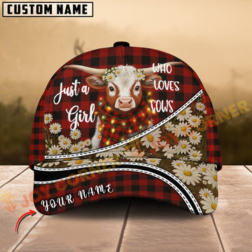 Joycorners Texas Longhorn Just a Girl Who Loves Cows Plaid Red Floral Farm Personalized Name 3D Cap