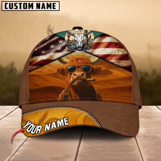 Joycorners Personalized Highland Cow Cap Smoking US Flag 3D Print Hat