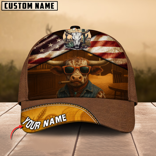 Joycorners Personalized Texas Longhorn Cow Cap Smoking US Flag 3D Print Hat