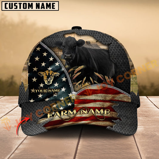 Joycorners Black Angus Cow American Flag Farm Hat Personalized Name 3D Cap