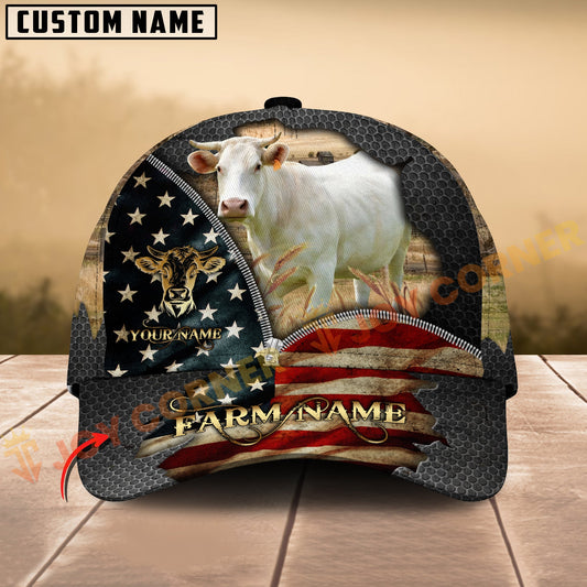 Joycorners Charolais Cow American Flag Farm Hat Personalized Name 3D Cap