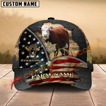 Joycorners Hereford Cow American Flag Farm Hat Personalized Name 3D Cap