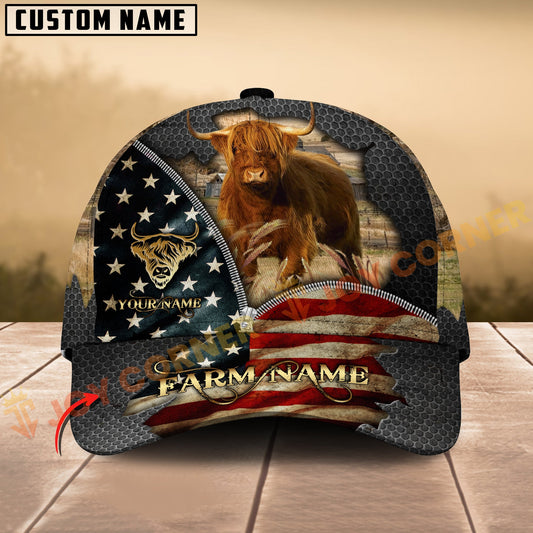Joycorners Highland Cow American Flag Farm Hat Personalized Name 3D Cap