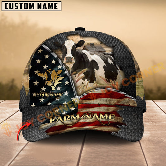 Joycorners Holstein Cow American Flag Farm Hat Personalized Name 3D Cap