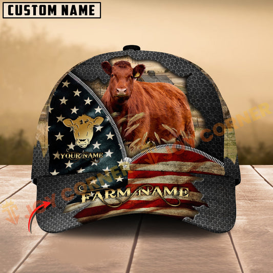 Joycorners Red Angus Cow American Flag Farm Hat Personalized Name 3D Cap