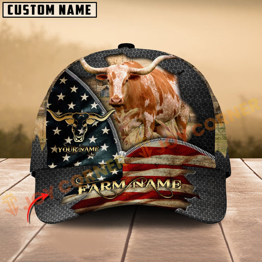 Joycorners Texas Longhorn Cow American Flag Farm Hat Personalized Name 3D Cap