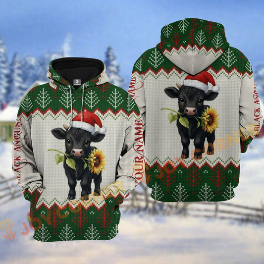 Joycorners Black Angus Cow Christmas Hoodie Personalized Name 3D Shirt