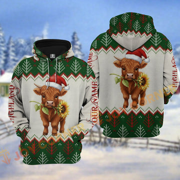 Joycorners Highland Cow Christmas Hoodie Personalized Name 3D Shirt