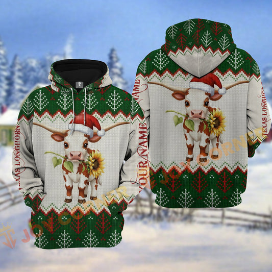 Joycorners Texas Longhorn Cow Christmas Hoodie Personalized Name 3D Shirt