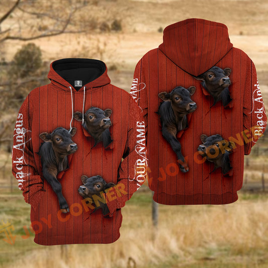 Joycorners Black Angus Cow Red Barn Wood Tear Hole Personalized Name 3D Hoodie