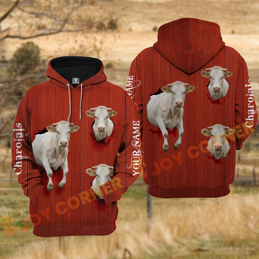 Joycorners Charolais Cow Red Barn Wood Tear Hole Personalized Name 3D Hoodie