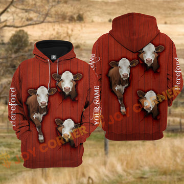 Joycorners Hereford Cow Red Barn Wood Tear Hole Personalized Name 3D Hoodie