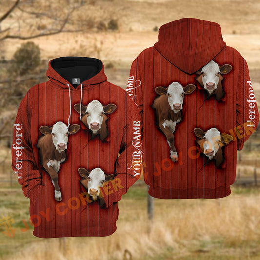 Joycorners Hereford Cow Red Barn Wood Tear Hole Personalized Name 3D Hoodie