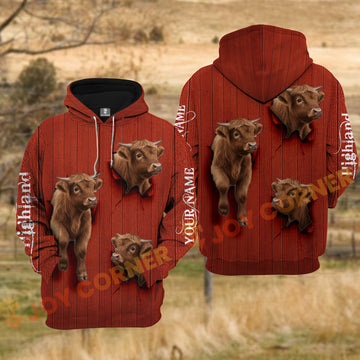 Joycorners Highland Cow Red Barn Wood Tear Hole Personalized Name 3D Hoodie