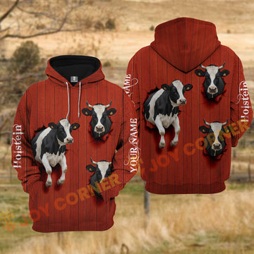 Joycorners Holstein Cow Red Barn Wood Tear Hole Personalized Name 3D Hoodie