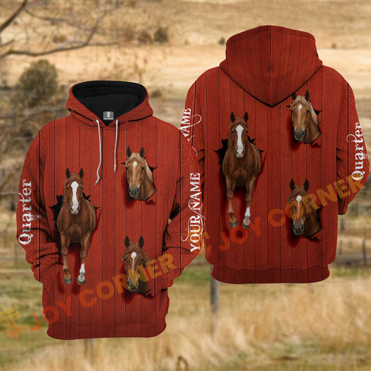 Joycorners Quarter Horse Red Barn Wood Tear Hole Personalized Name 3D Hoodie