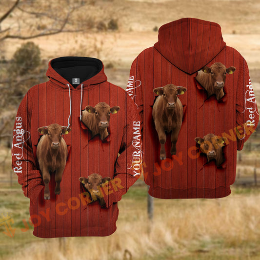 Joycorners Red Angus Cow Red Barn Wood Tear Hole Personalized Name 3D Hoodie